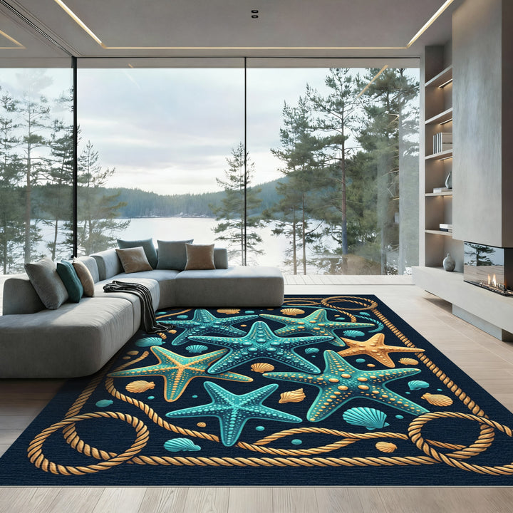 Nautical Starfish Seashell Rope Arrangement Rug