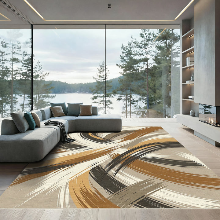 Abstract Brown Swirl Brushstrokes Rug