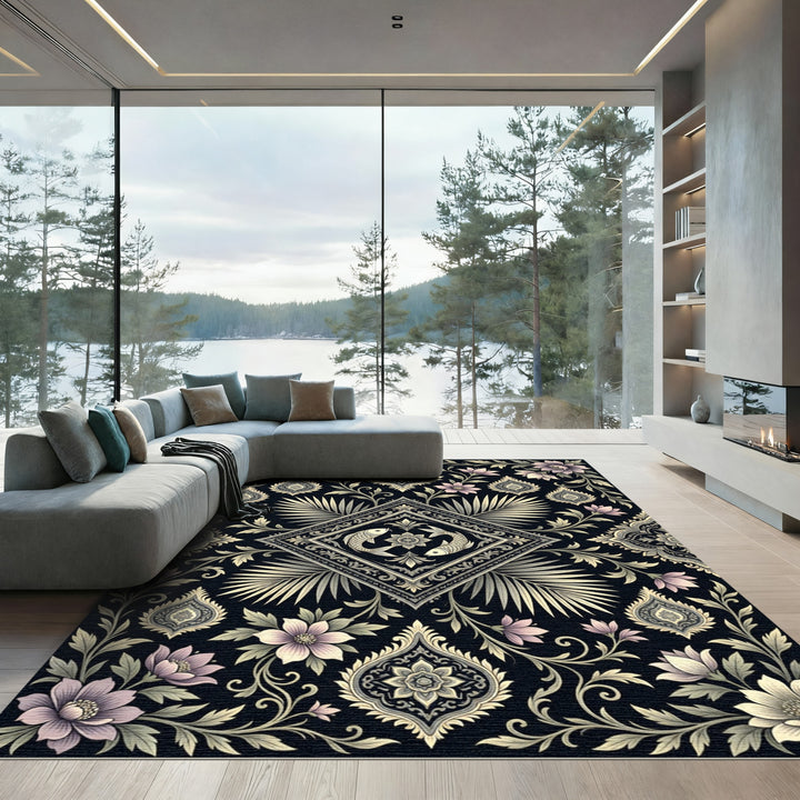 Elegant Black Floral Fish Medallion Rug