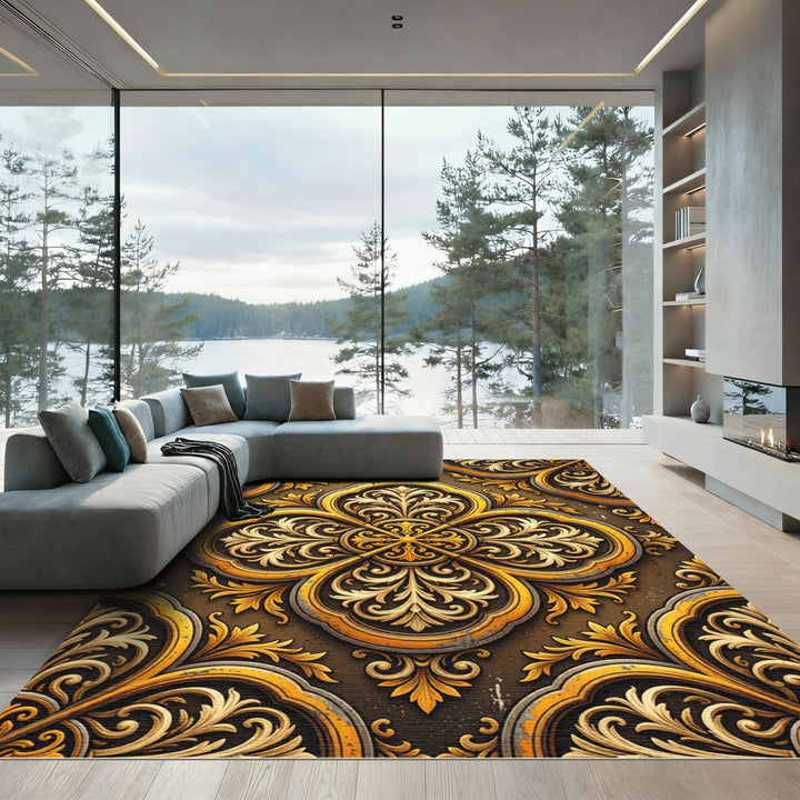 Golden Ornate Scrollwork Regal Rug