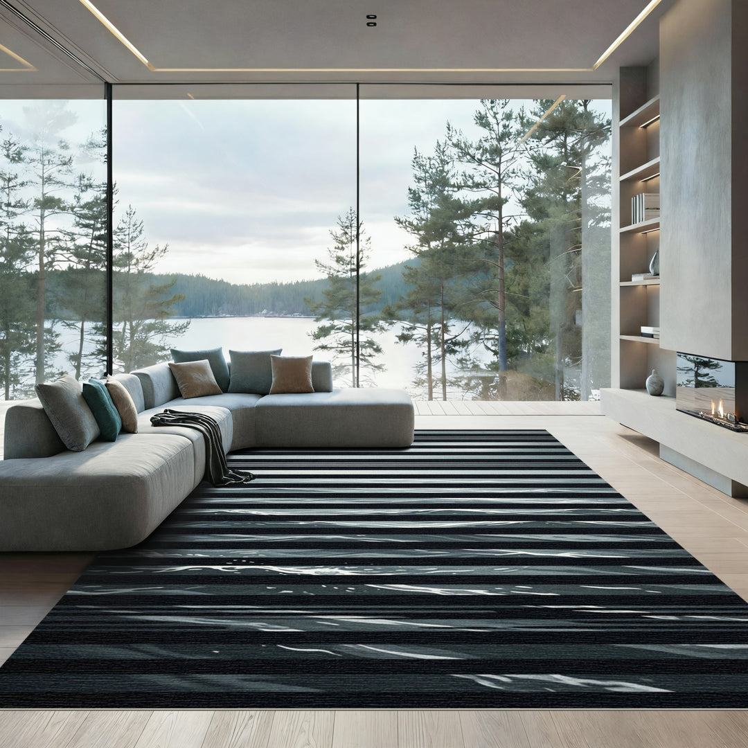Black White Horizontal Waves Rug