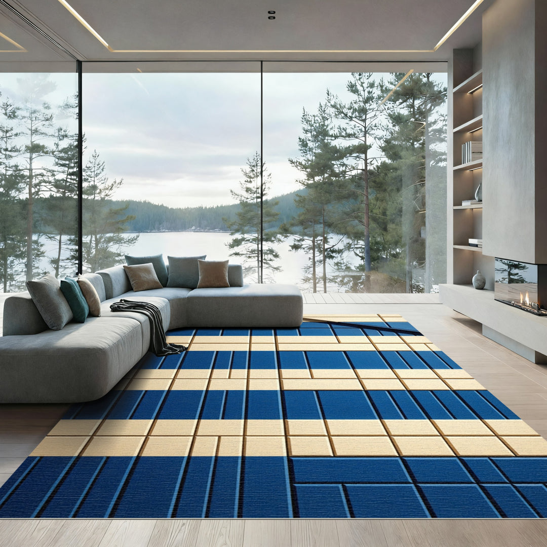 Geometric Blue Cream Stripes Rug