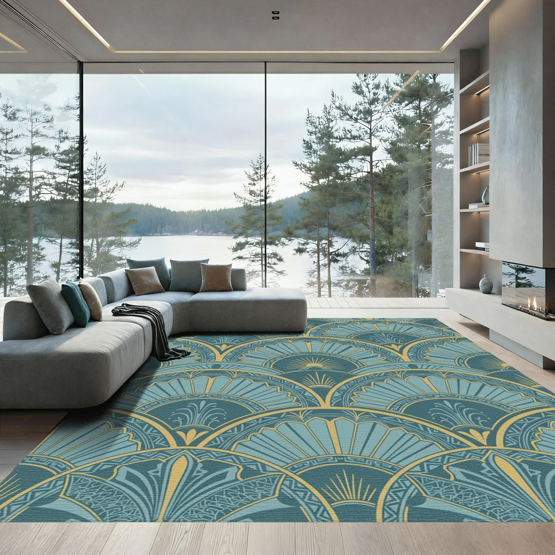 Art Deco Teal Gold Sunburst Rug