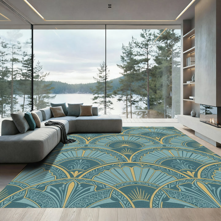 Art Deco Teal Gold Sunburst Rug