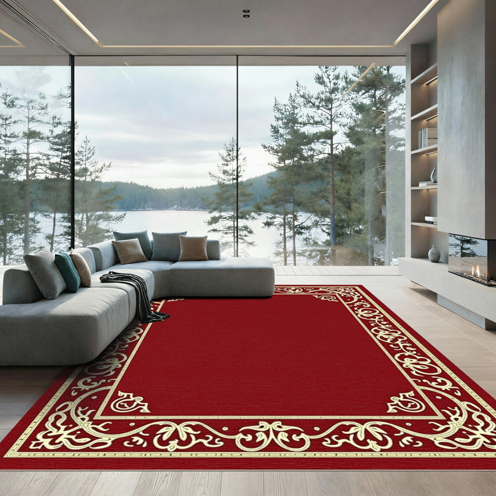 Crimson Gold Ornate Floral Border Rug
