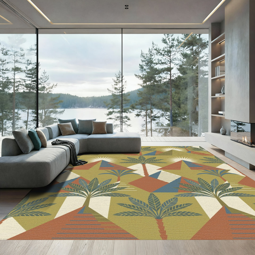 Geometric Pyramid Palm Tree Desert Sunset Rug