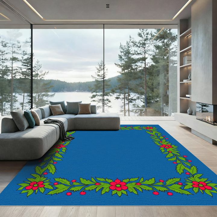 Crimson Floral Green Leaf Garland Rug