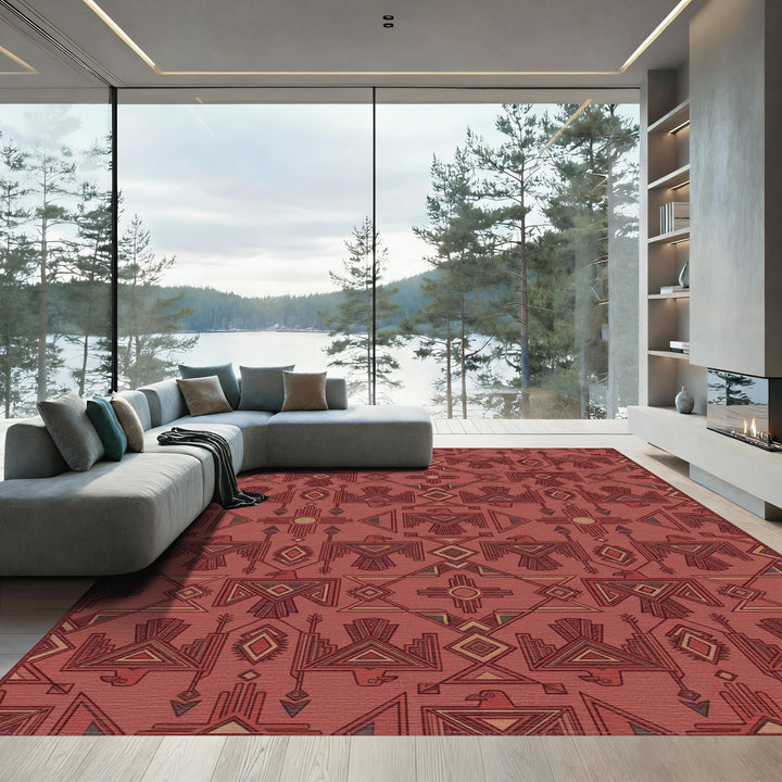 Crimson Tribal Thunderbird Geometric Rug