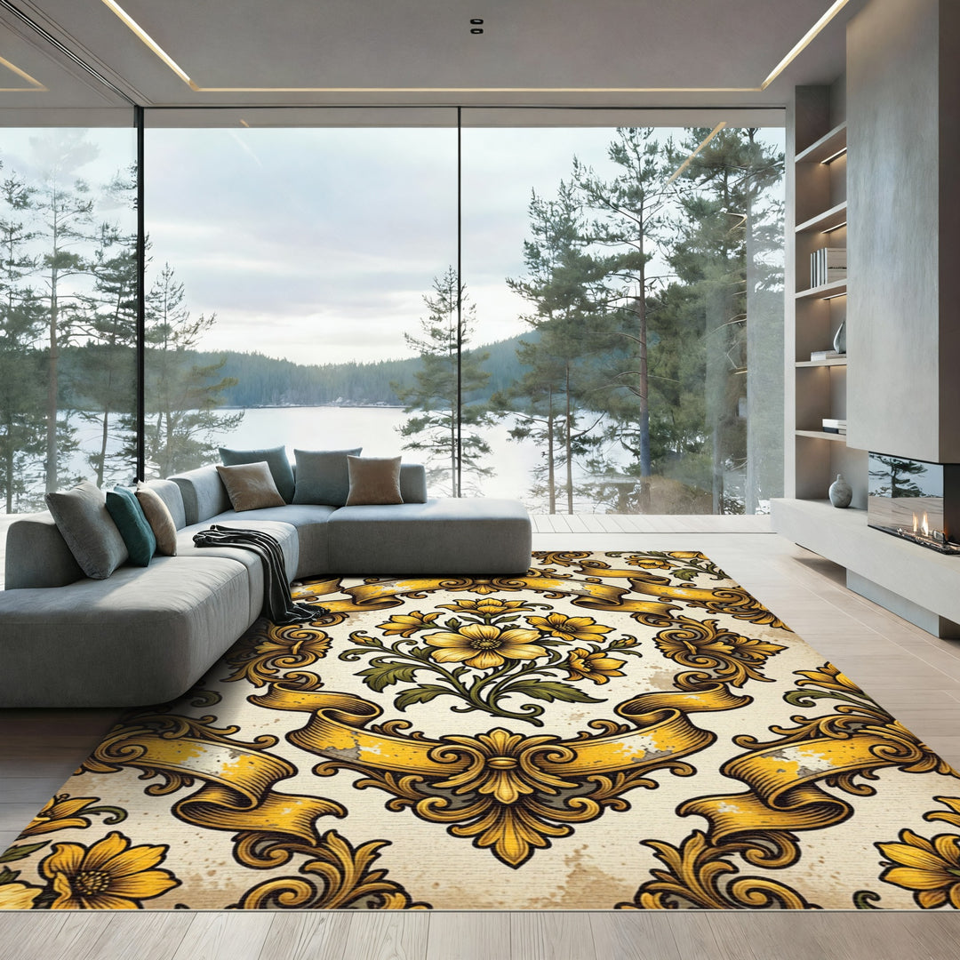 Golden Floral Baroque Ribbon Rug