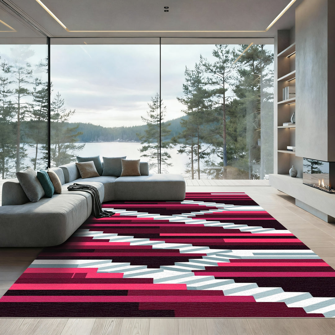 Crimson White Geometric Staircase Wonder Rug