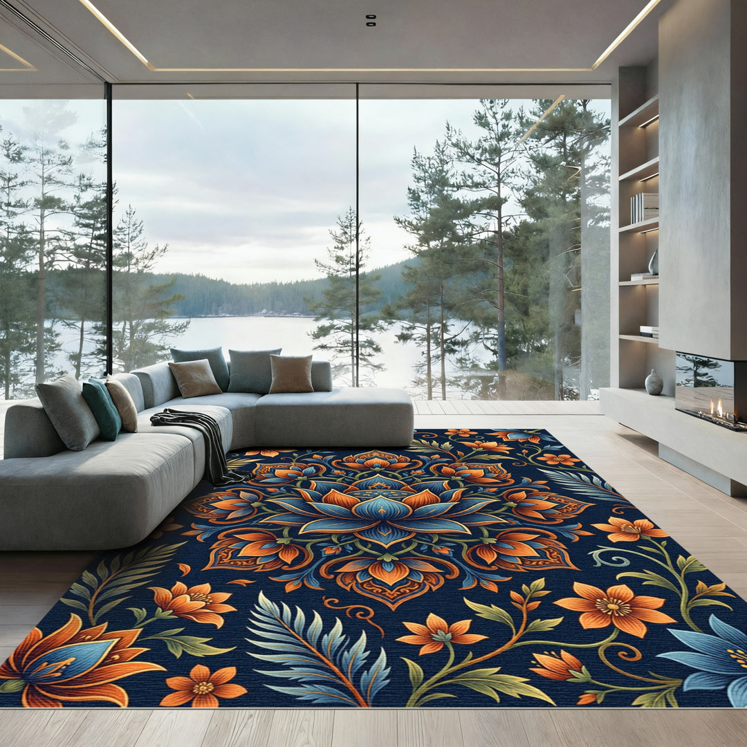 Ornate Blue Orange Floral Medallion Rug