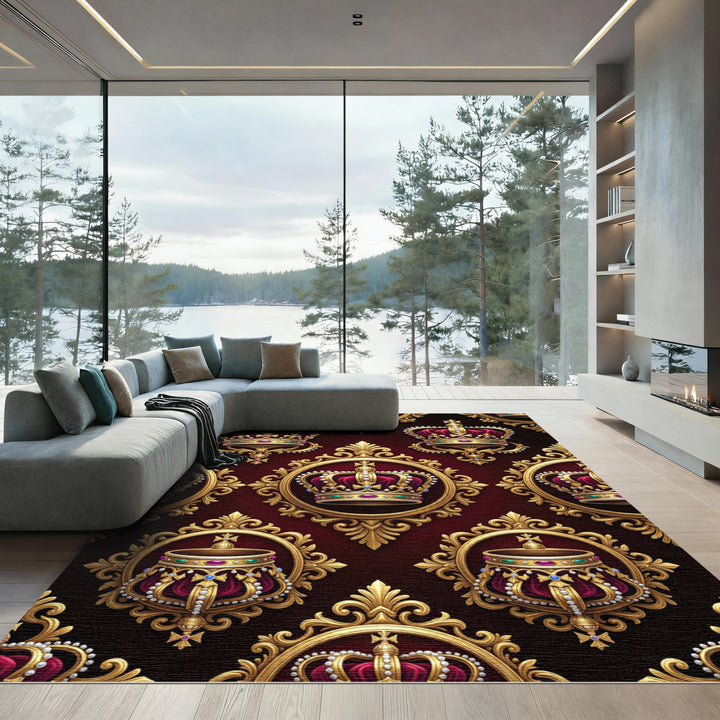 Regal Crimson Gold Crown Emblem Rug