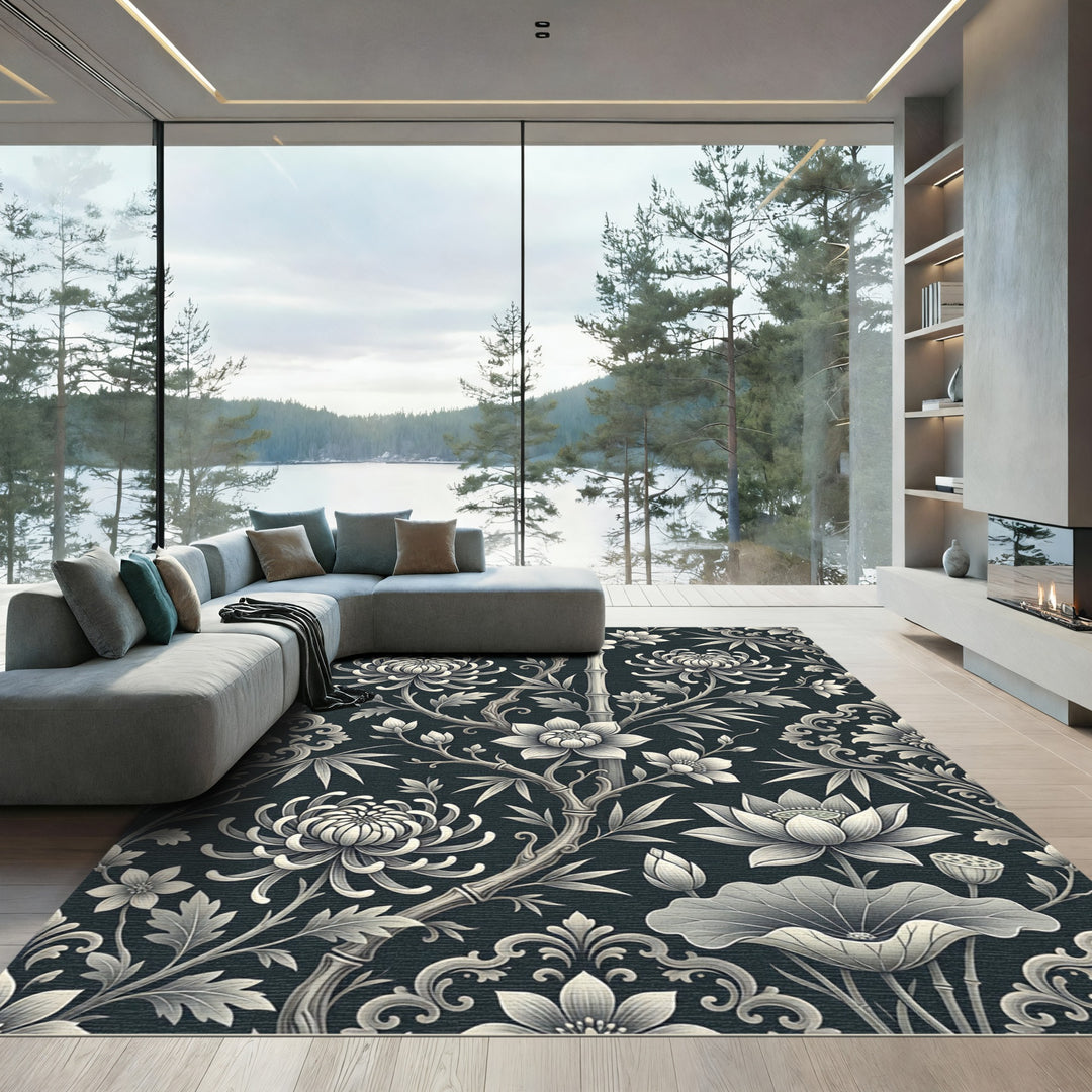 Elegant Chrysanthemum Lotus Bamboo Rug