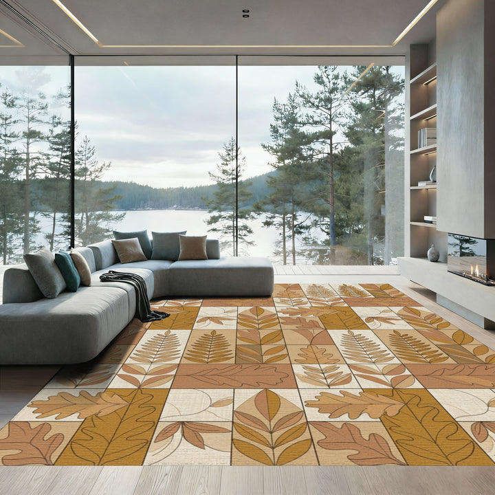 Earthy Autumn Leaf Block Print Rug