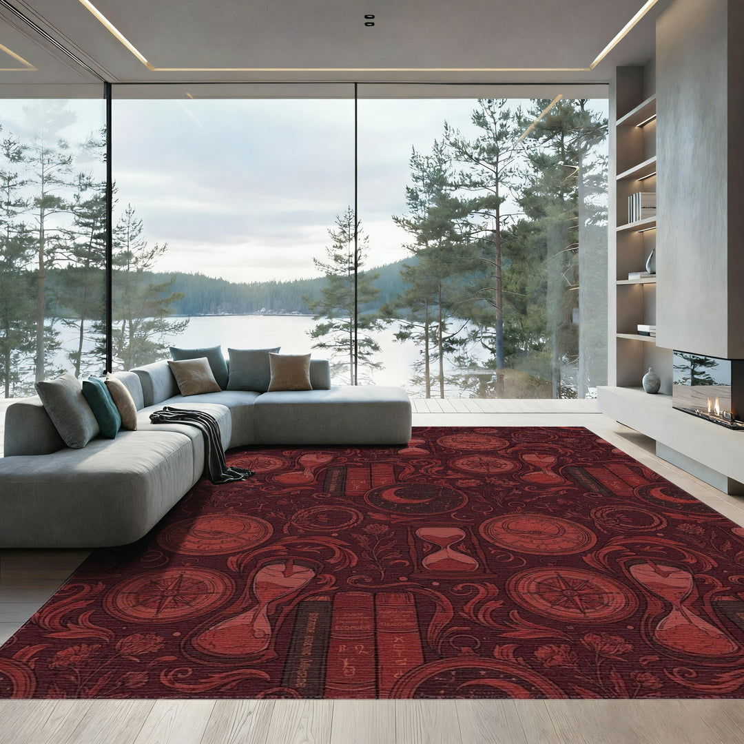 Rich Red Celestial Hourglass Compass Rug