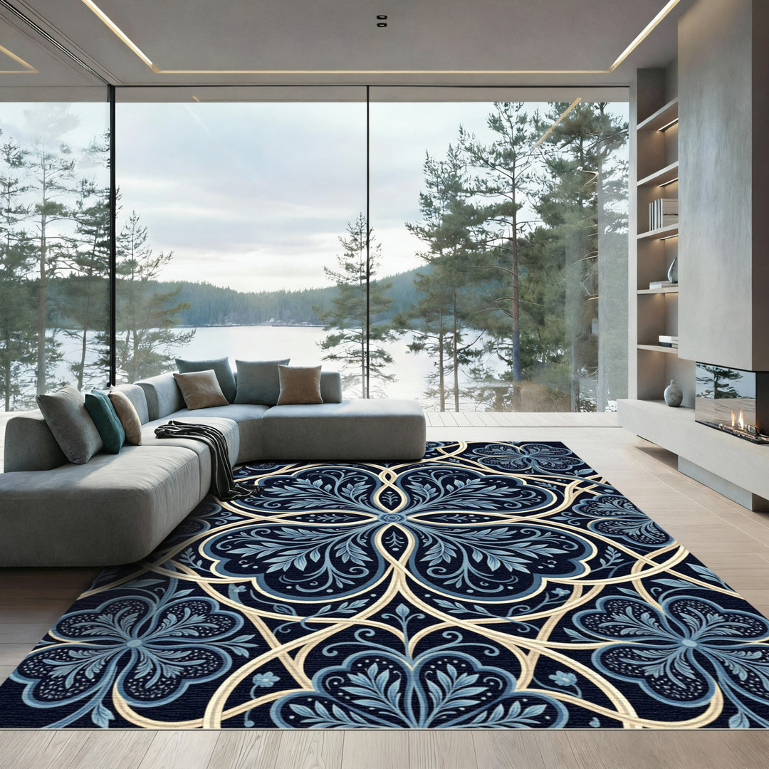 Navy Blue Floral Medallion Lace Rug