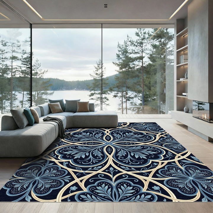 Navy Blue Floral Medallion Lace Rug