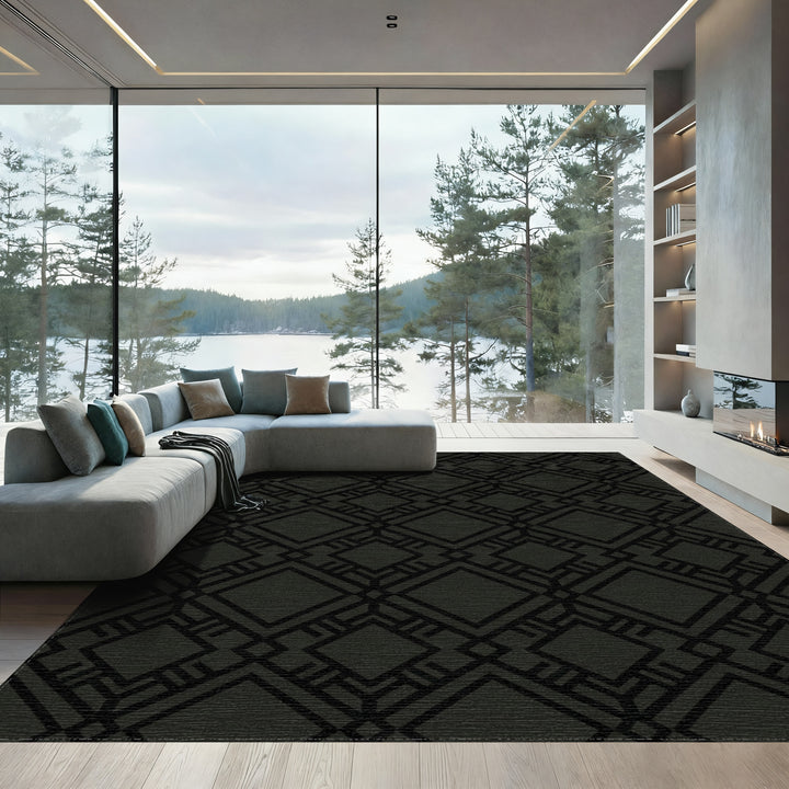 Dark Gray Geometric Diamond Art Deco Rug