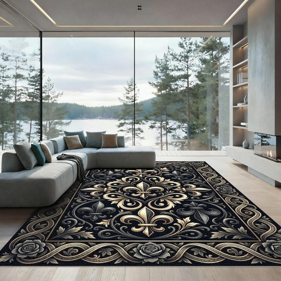 Elegant Black Gold Fleur De Lis Tapestry Rug