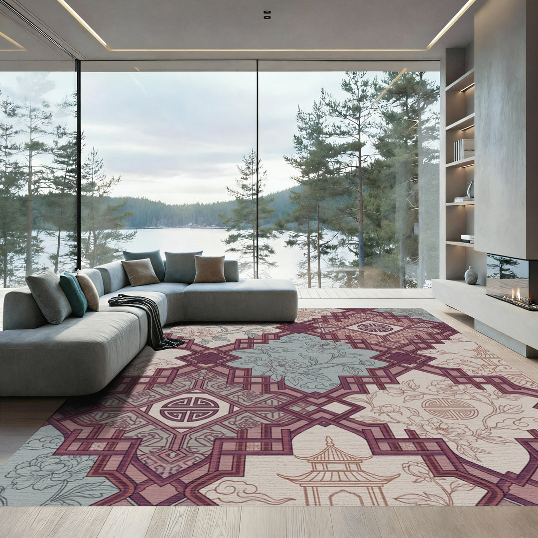 Burgundy Floral Pagoda Lattice Rug
