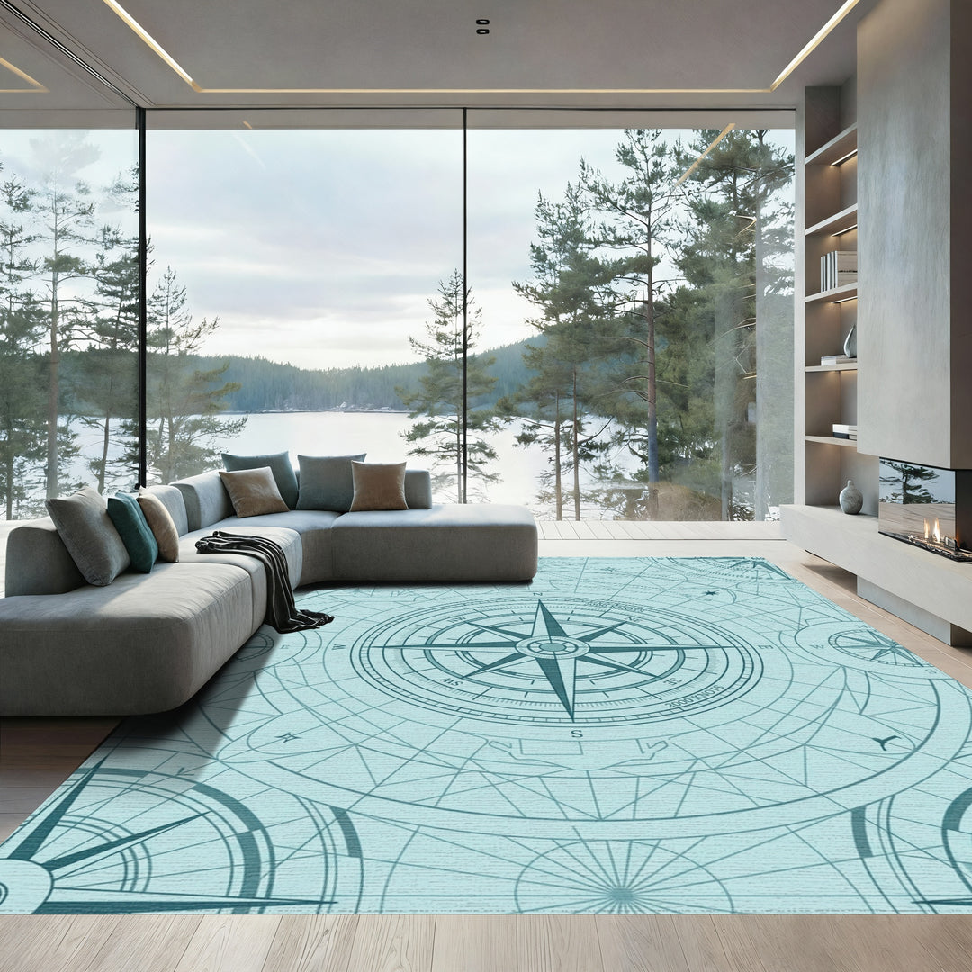 Aqua Vintage Compass Rose Map Rug