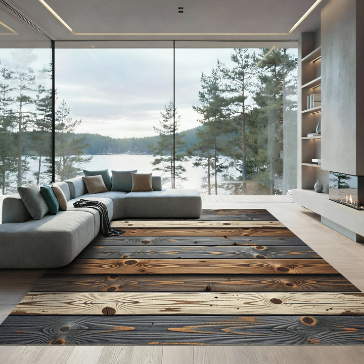 Rustic Gray Brown Wood Plank Rug