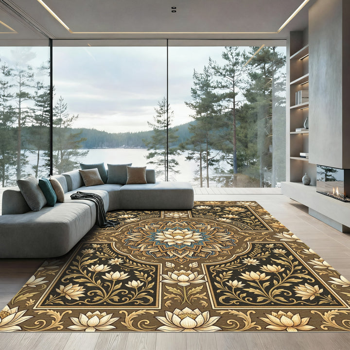 Golden Lotus Mandala Brown Rug