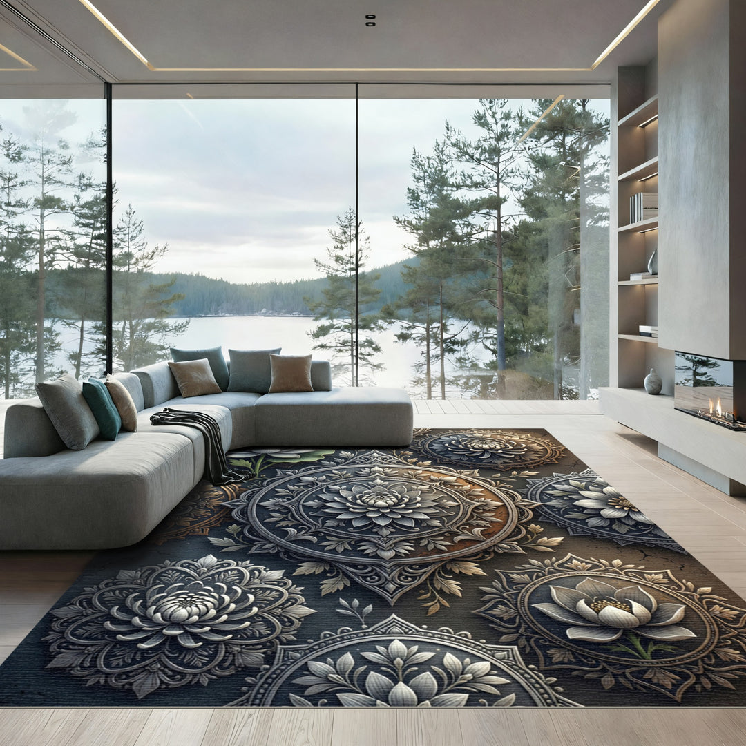 Intricate Silver Lotus Blossom Mandalas Rug
