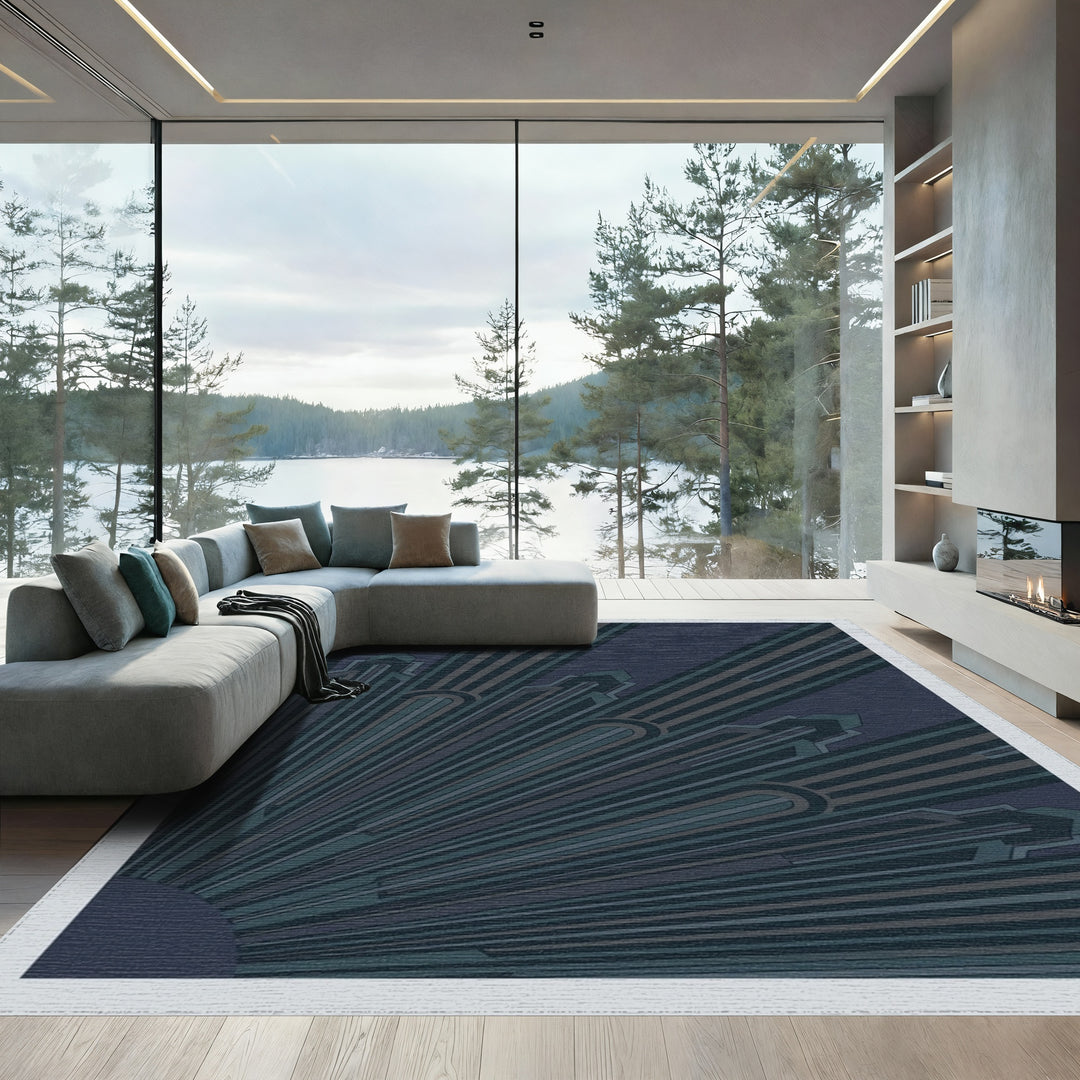 Art Deco Navy Sunburst Rays Rug