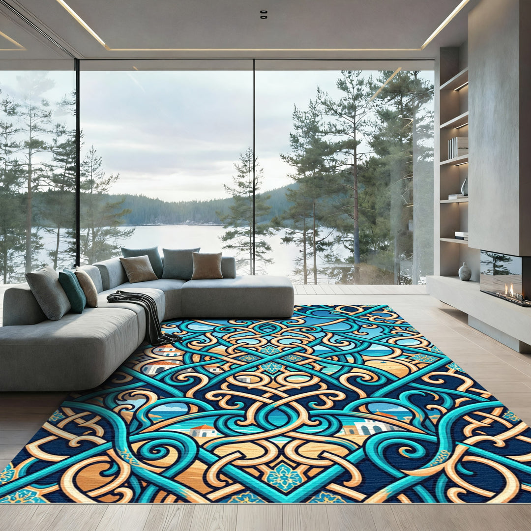 Turquoise Gold Interlocking Mediterranean Scene Rug