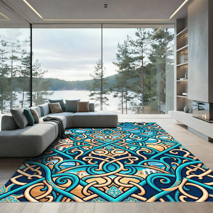 Turquoise Gold Interlocking Mediterranean Scene Rug