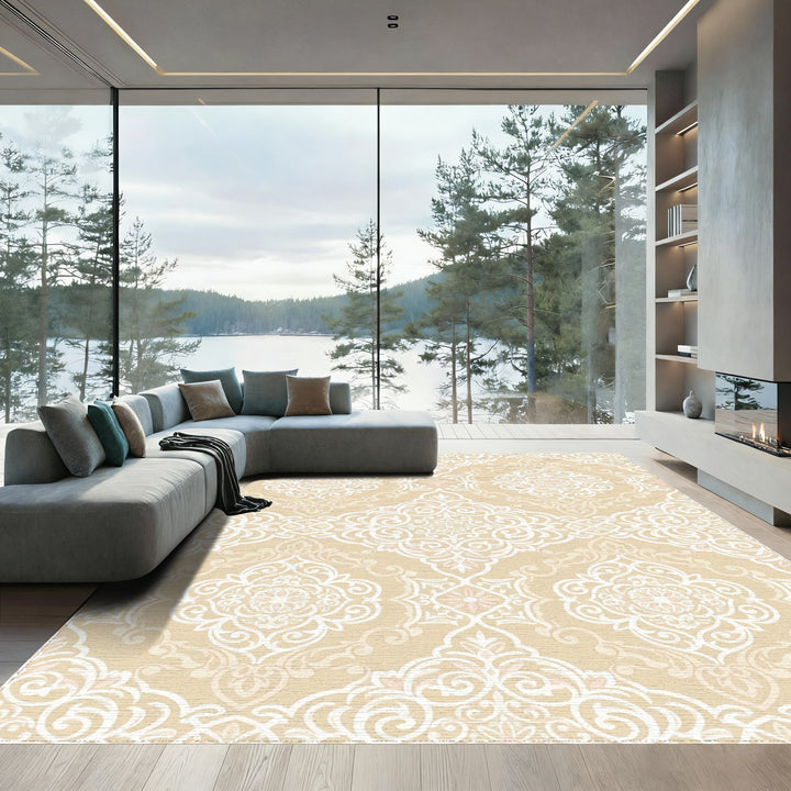 Cream White Filigree Floral Medallion Rug