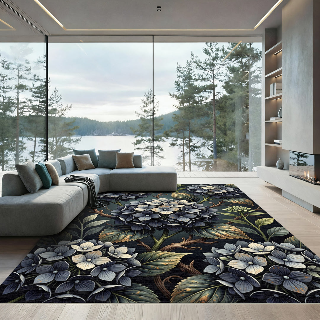 Dark Botanical Hydrangea Blossom Rug