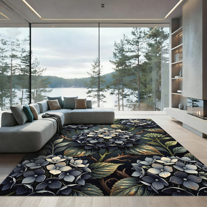 Dark Botanical Hydrangea Blossom Rug