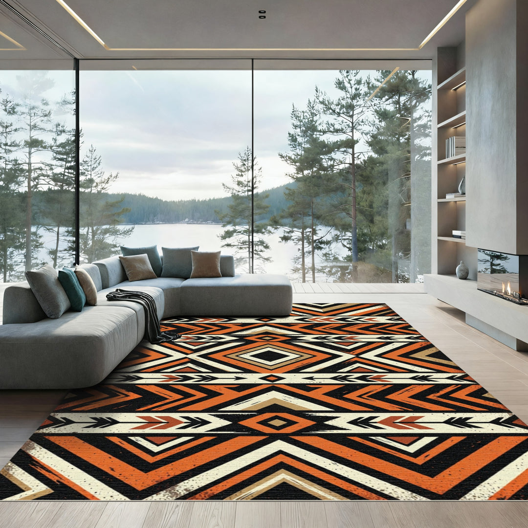 Bold Orange Tribal Geometric Rug