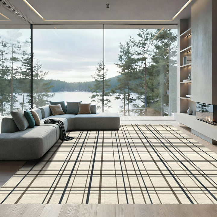 Classic Beige Black Plaid Stripes Rug