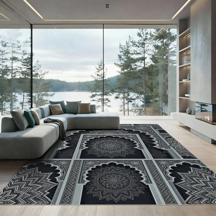 Ornate Gray Islamic Arch Mandala Rug