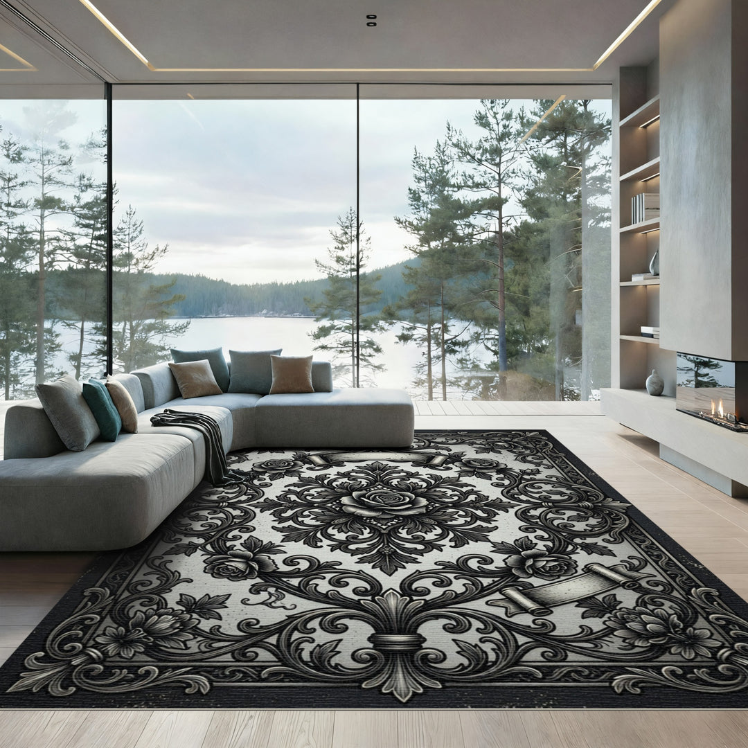 Ornate Black Rose Scrollwork Rug