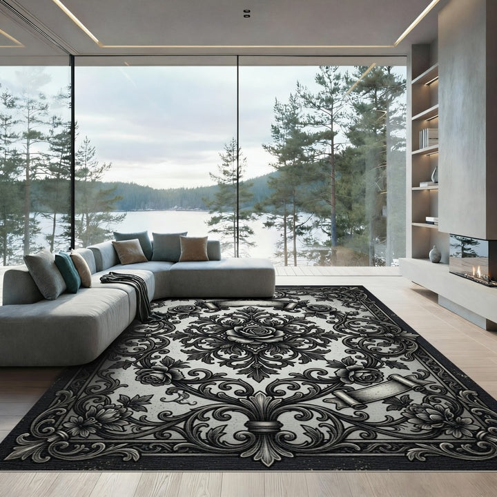 Ornate Black Rose Scrollwork Rug