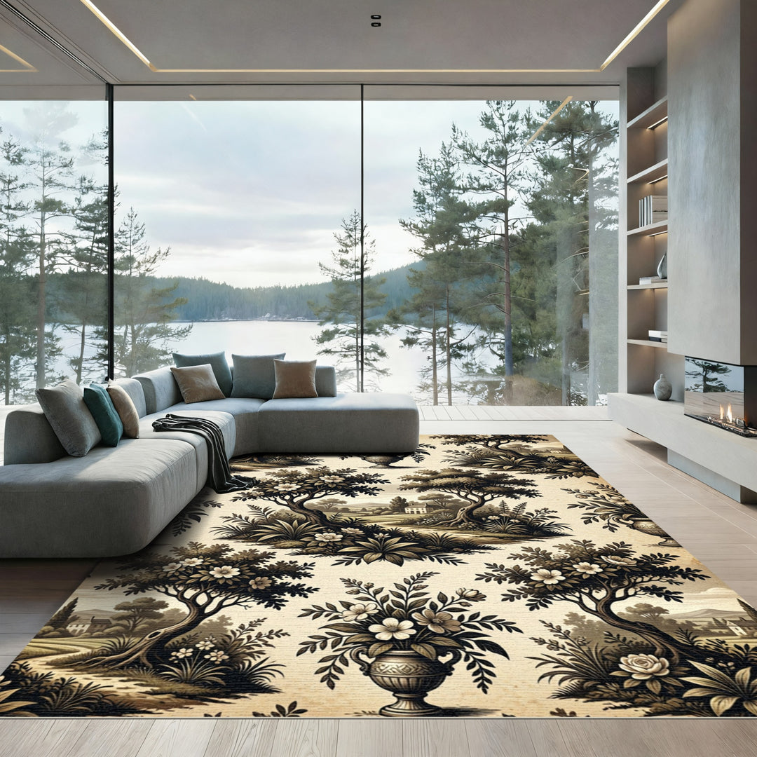 Antique Sepia Floral Landscape Toile Rug