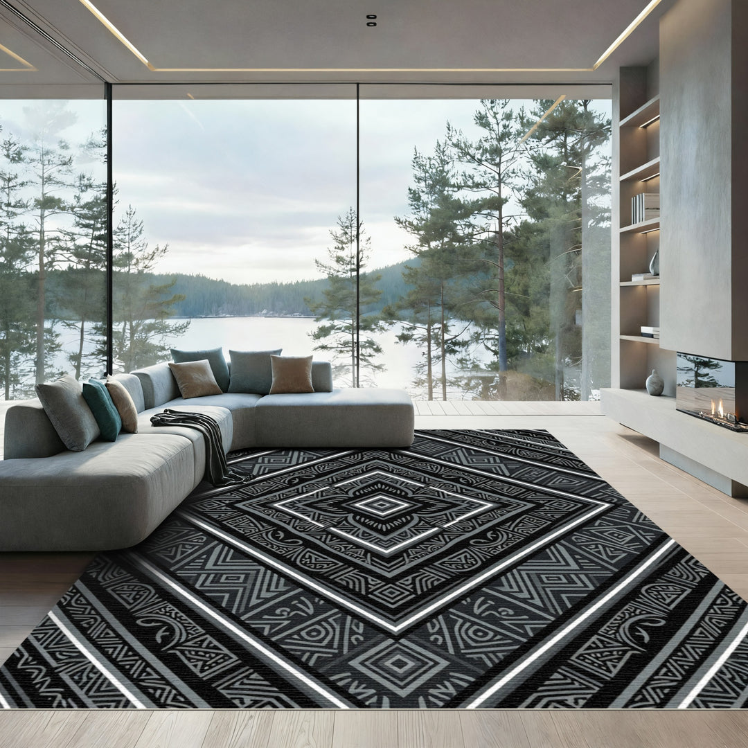 Bold Black Gray Geometric Diamond Rug