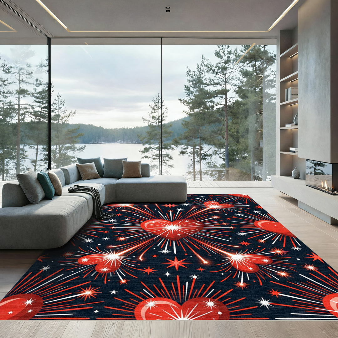 Red Hearts Firework Celebration Rug