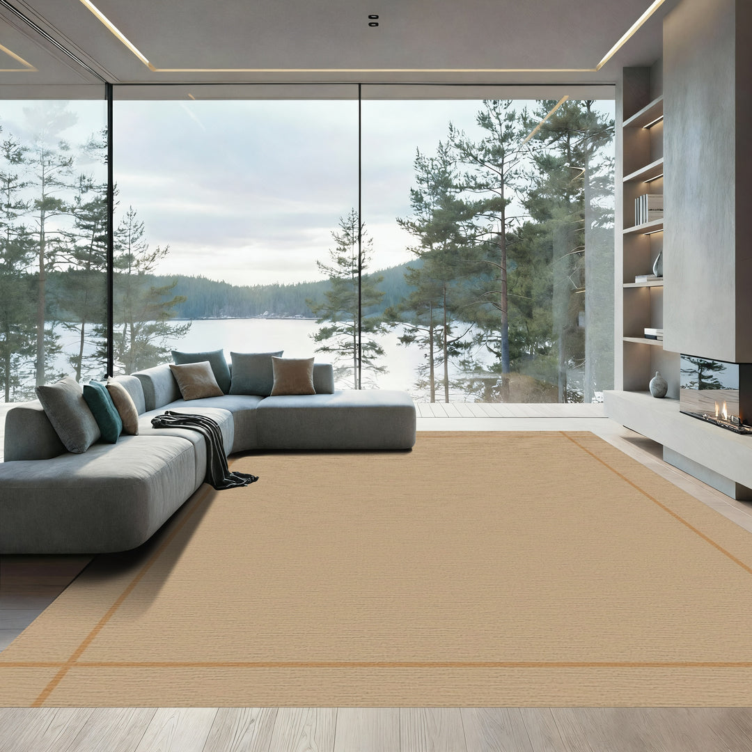 Neutral Tan Geometric Border Rug