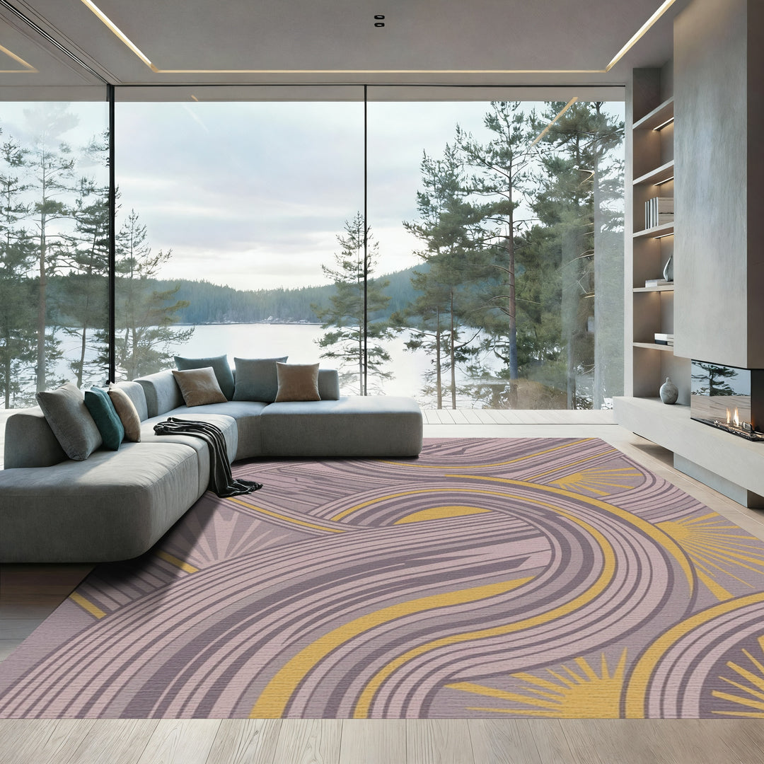 Lavender Gold Swooping Lines Runner Rug