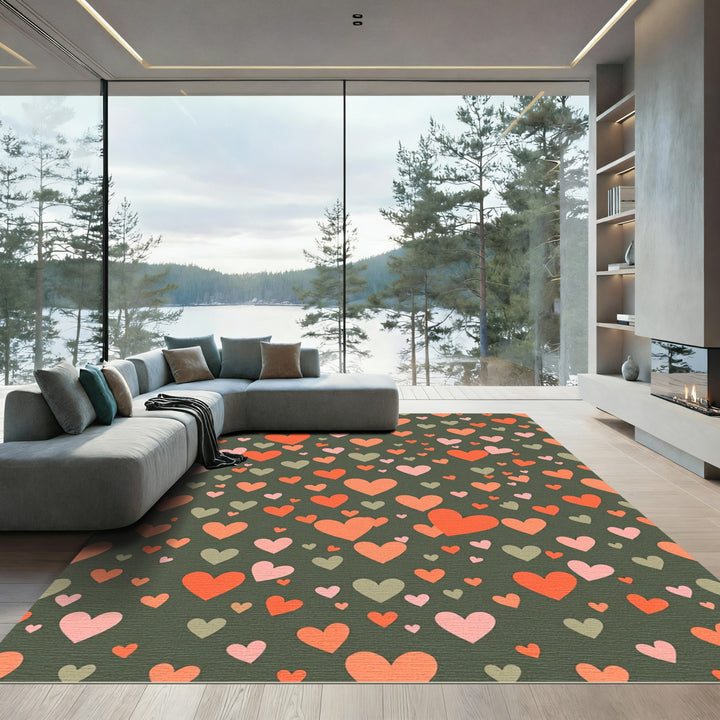 Coral Pink Hearts Dark Green Rug