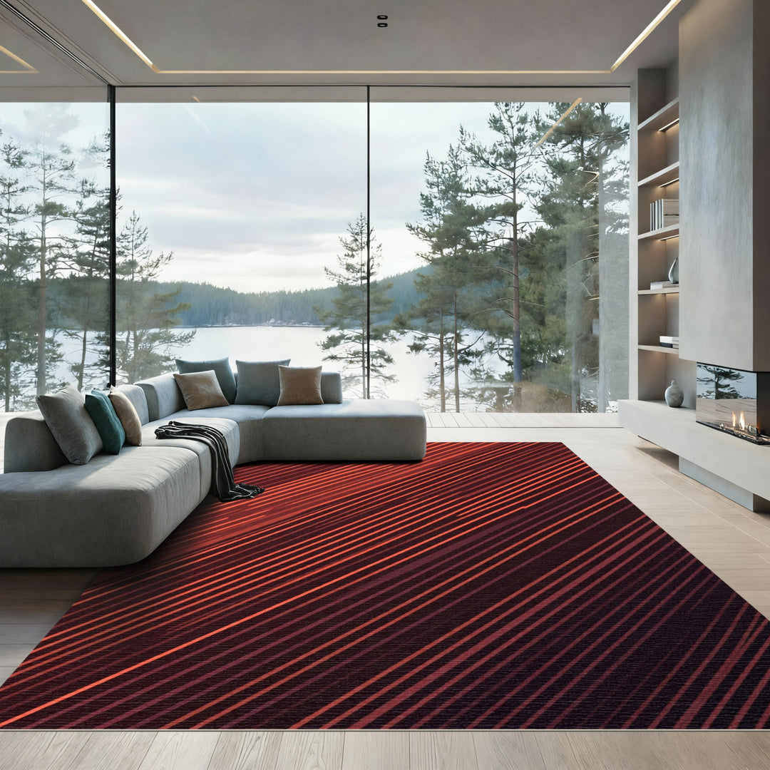 Coral Red Diagonal Line Art Rug
