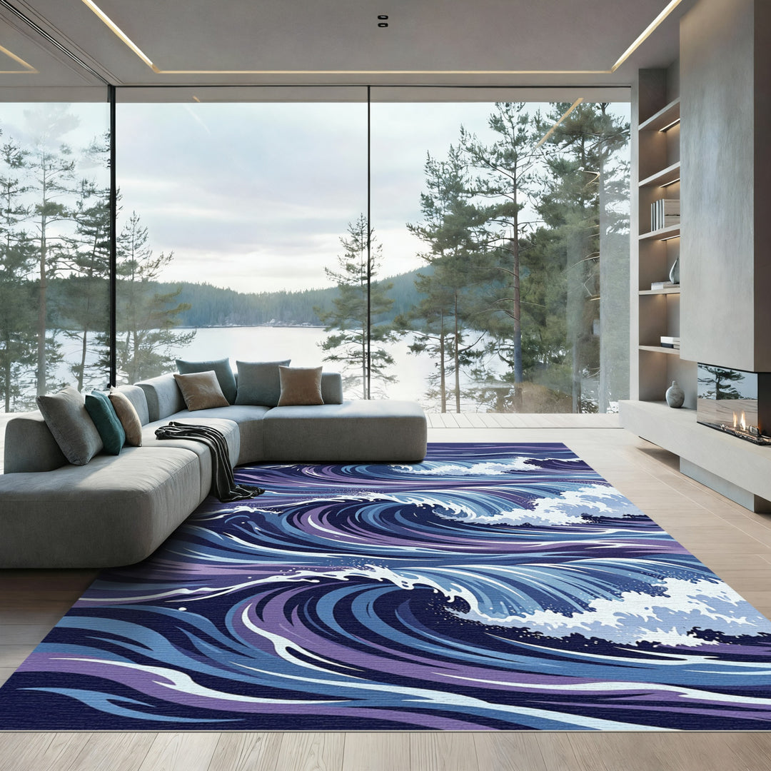 Abstract Deep Blue Ocean Waves Rug