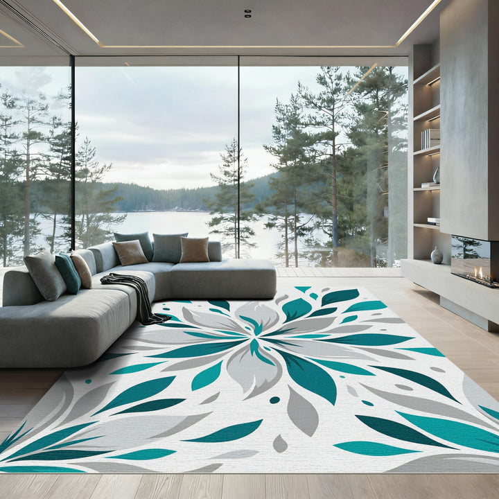Teal Gray Abstract Petal Burst Rug
