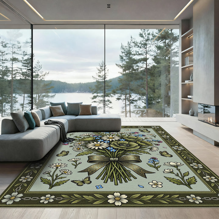 Green Meadow Bouquet Butterflies Rug