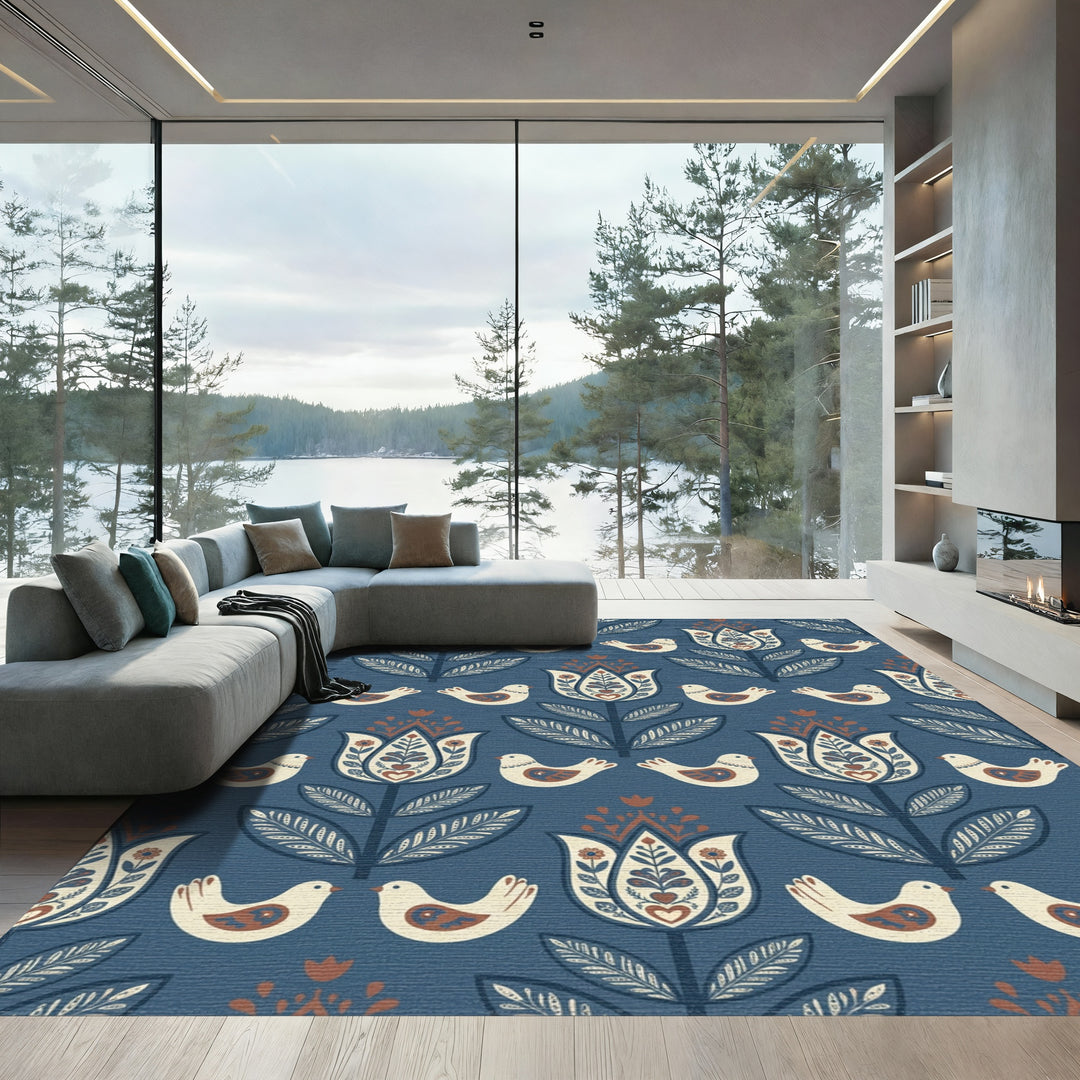 Dark Blue Folk Art Floral Bird Rug